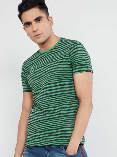 

max Men Green & Black Striped Round Neck T-shirt
