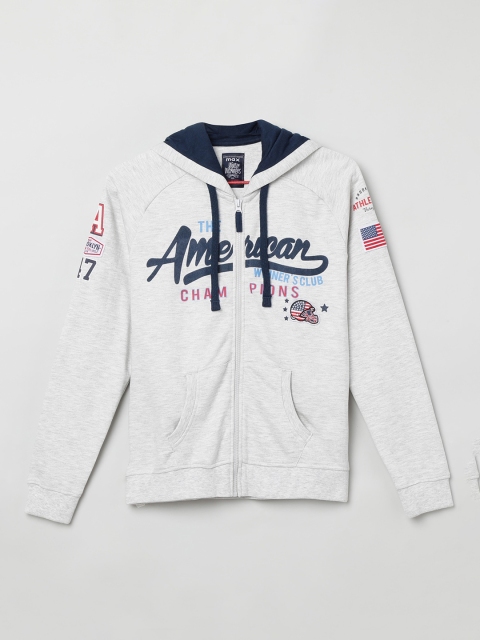

max Boys Grey & Navy Blue Printed Hooded Sweatshirt