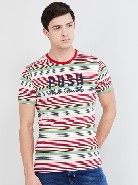 

max Men Pink & Green Striped Round Neck T-shirt