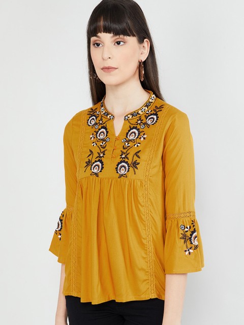 

max Women Mustard Yellow Embroidered Top