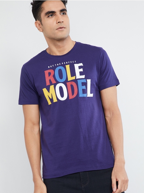 

max Men Blue Printed Round Neck T-shirt