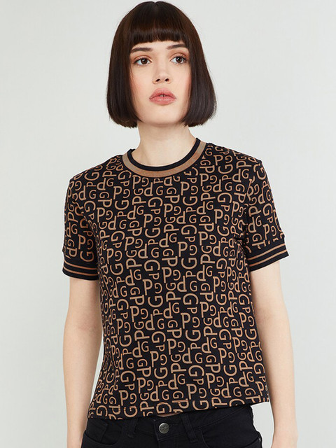 

max Women Black & Brown Printed Round Neck T-shirt