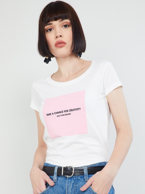 

max Women White Printed Round Neck T-shirt