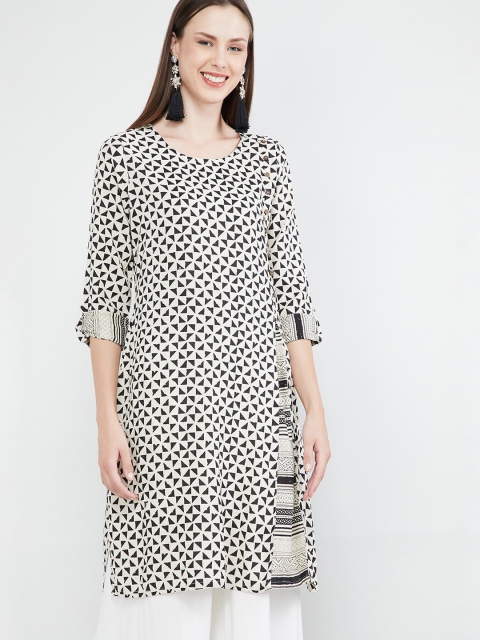 

max Women Off-White & Black Printed Straight Kurta