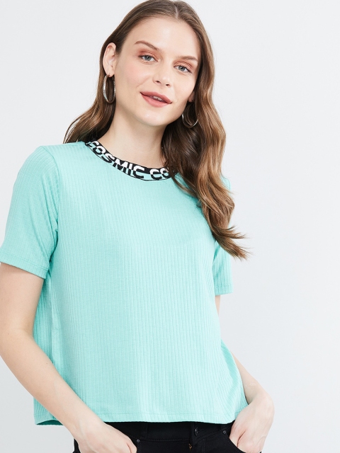 

max Women Blue Solid Round Neck T-shirt