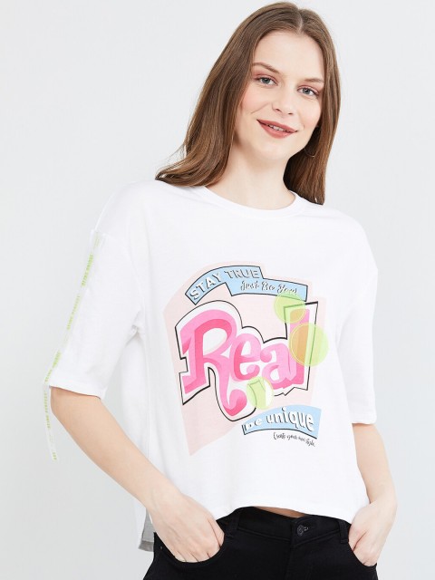 

max Women White Printed Round Neck T-shirt