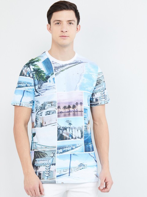 

max Men Blue Printed Scoop Neck T-shirt