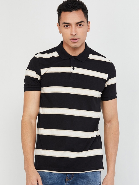 

max Men Black & White Striped Polo Collar T-shirt