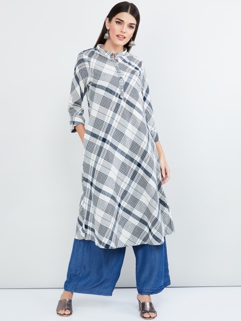 

max Women Blue & Grey Checked Straight Kurta