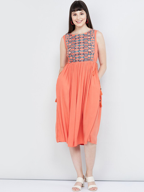 

max Women Orange & Blue Embroidered Fit and Flare Dress