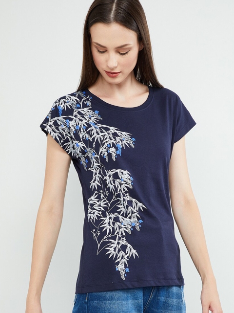 

max Women Navy Blue Floral Printed Round Neck T-shirt