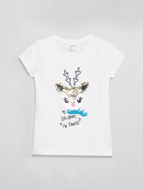 

max Girls White Printed Sequinned Round Neck T-shirt