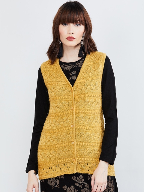

max Women Yellow Self Design Cardigan Sweater
