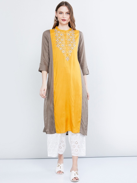 max Women Mustard Yellow & Grey Colourblocked A-Line Kurta
