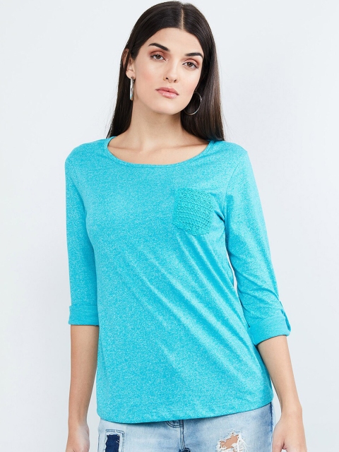 

max Women Blue Self Design Round Neck T-shirt