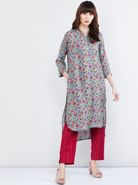 max Women Blue & Pink Floral Printed Straight Kurta