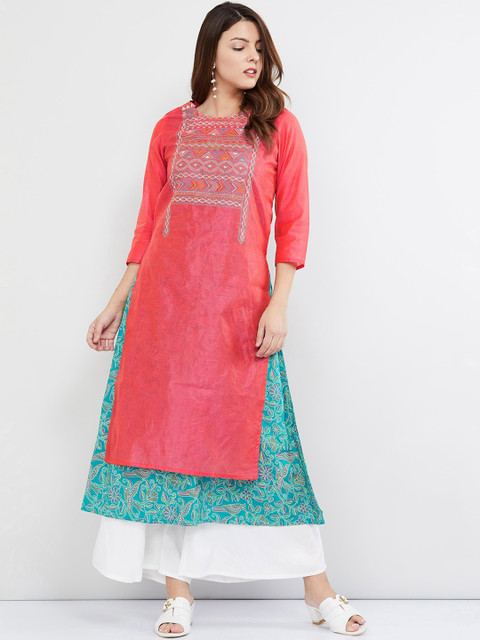 

max Women Rose & Blue Yoke Design Layered Straight Kurta