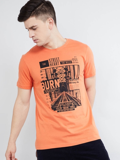 

max Men Orange Printed Round Neck T-shirt