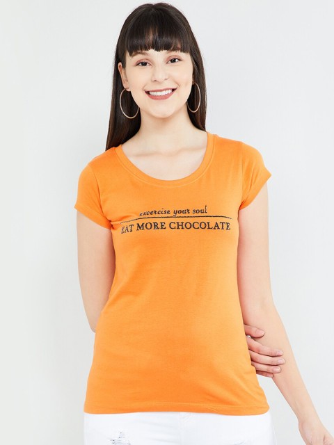 

max Women Orange Printed Round Neck T-shirt