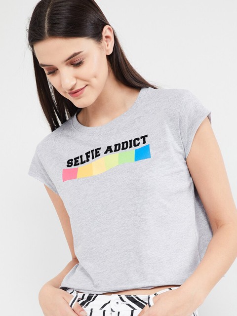 

max Women Grey Printed Round Neck T-shirt