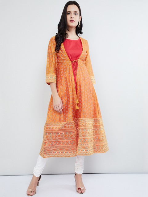 

max Women Orange & Gold Printed A-Line Layered Kurta