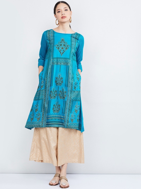 

max Women Blue & Green Printed A-Line Kurta