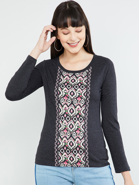 

max Women Black Printed Round Neck T-shirt
