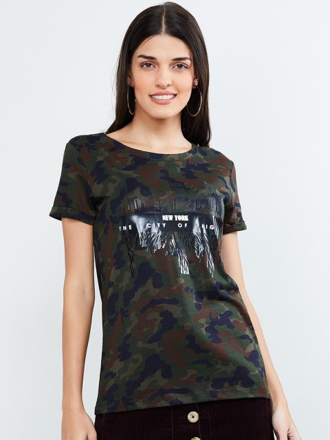 

max Women Olive Green Printed Round Neck T-shirt