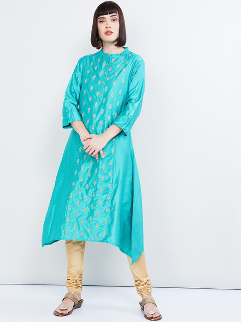 

max Women Turquoise Blue & Gold-Coloured Embroidered Straight Kurta
