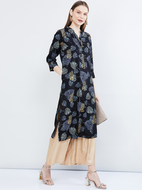 

max Women Black Printed Straight Kurta