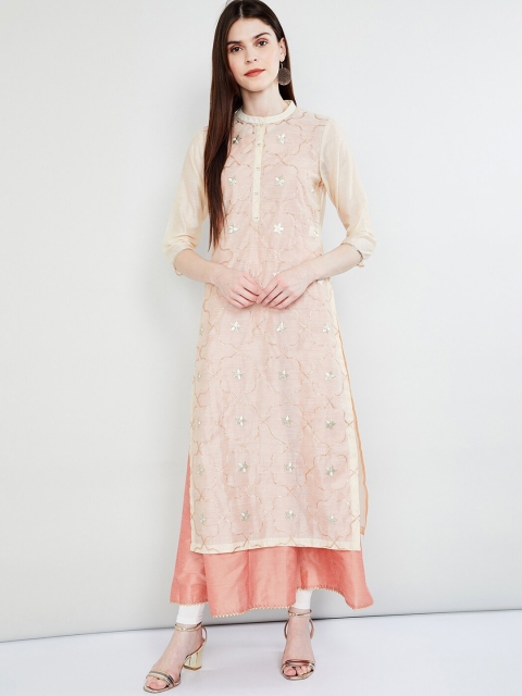 

max Women Cream & Silver Embroidered Layered Straight Kurta