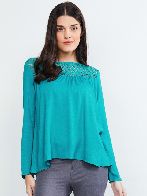 

max Women Turquoise Blue Solid Schiffli Styled Back Top