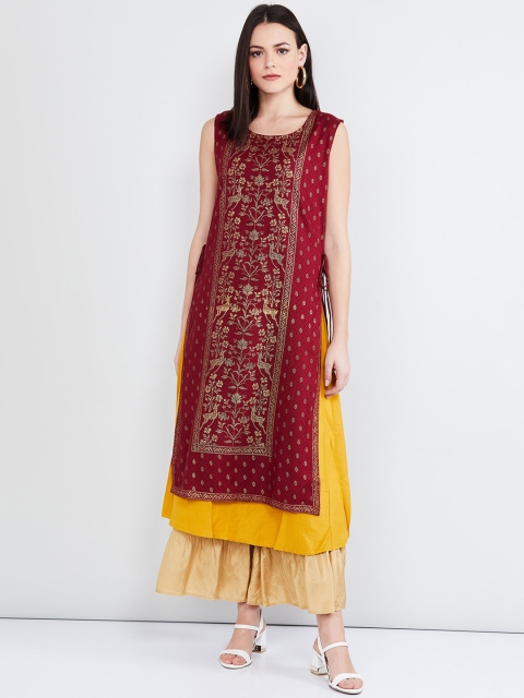 

max Women Maroon & Yellow Printed Straight Layered Kurta
