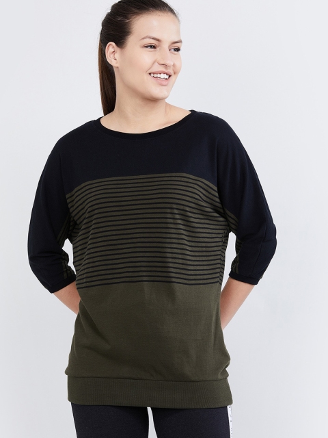 max Women Olive Green & Black Striped Round Neck T-shirt