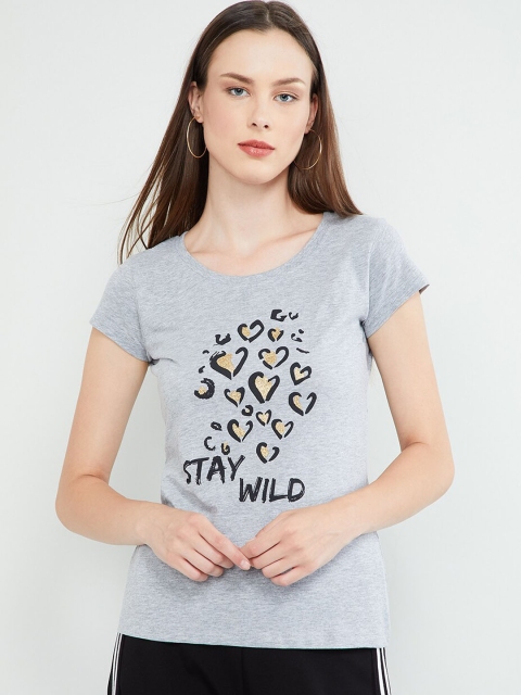 

max Women Grey Melange & Black Printed Round Neck T-shirt
