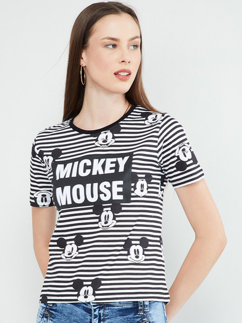 

max Women White & Black Mickey Mouse Printed Round Neck T-shirt