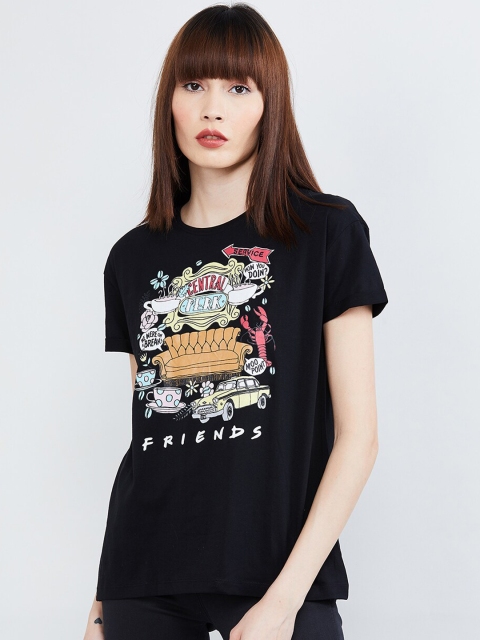 

max Women Black FRIENDS Printed Round Neck T-shirt