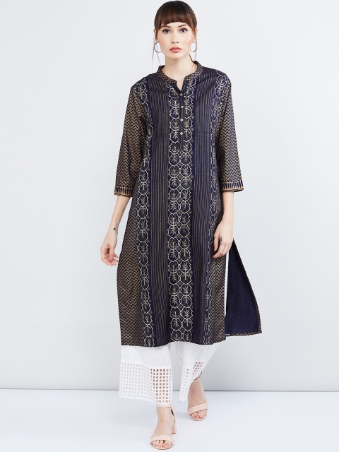 

max Women Navy Blue & White Printed Straight Kurta