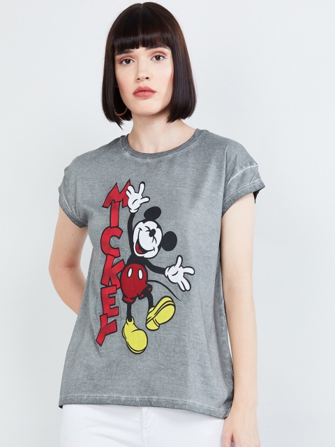 

max Women Grey Mickey Mouse Printed Round Neck T-shirt