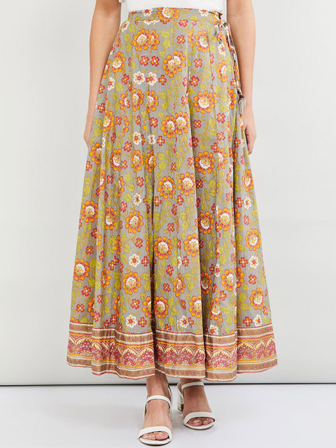 

max Women Grey & Green Floral Printed Flared Maxi Pure Cotton Skirt