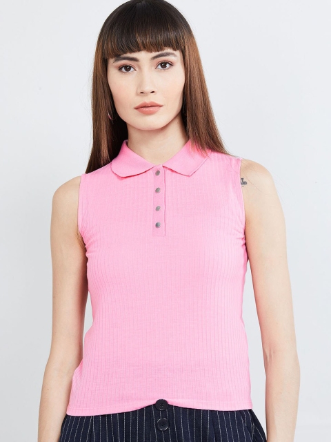 

max Women Pink Solid Polo Collar T-shirt