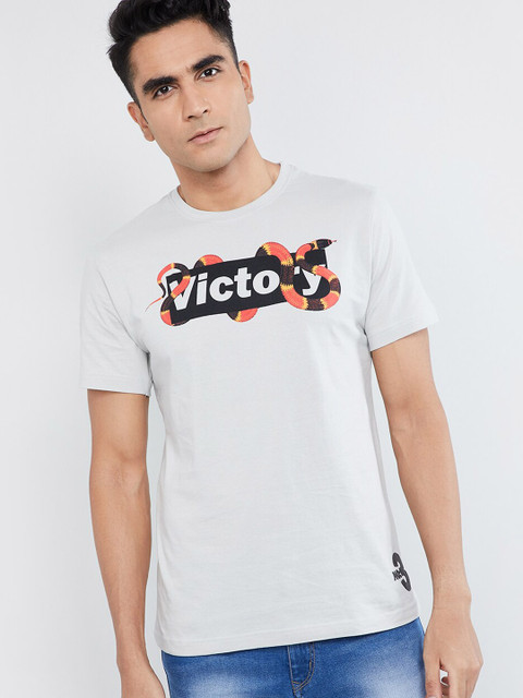 

max Men Grey Printed Round Neck T-shirt