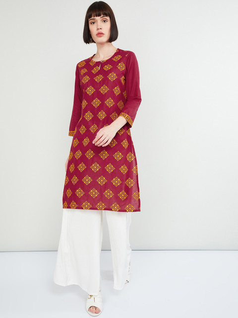 

max Women Maroon & Yellow Embroidered Straight Kurta