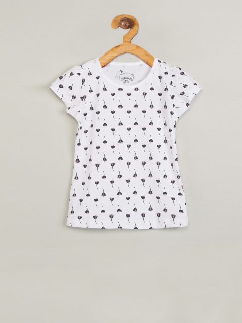 

max Girls White & Black Floral Print Round Neck T-shirt