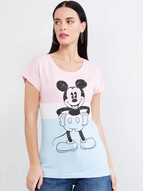 

max Women Pink Mickey Mouse Printed Round Neck T-shirt
