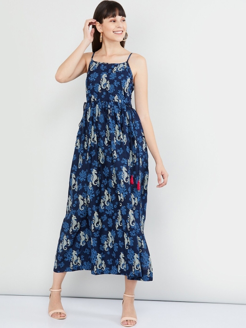 

max Women Navy Blue & White Printed A-Line Dress
