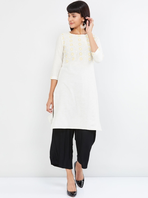 

max Women Off-White & Yellow Floral Embroidered A-Line Kurta