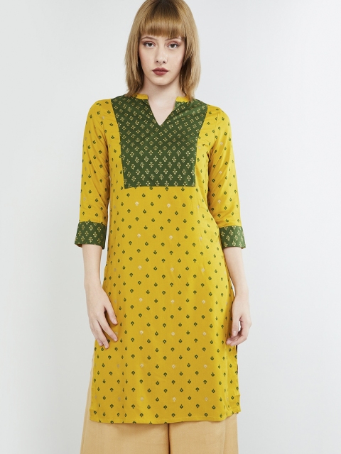 max Women Mustard Yellow & Green Floral Printed Straight Kurta