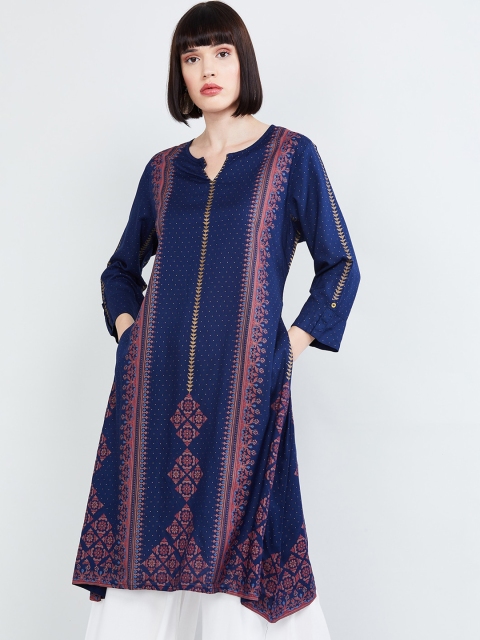 

max Women Navy Blue & Pink Printed A-Line Kurta