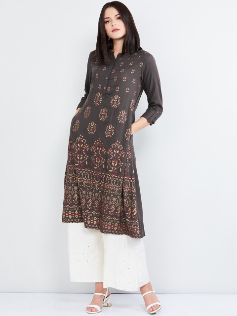 

max Women Grey Printed A-Line Kurta